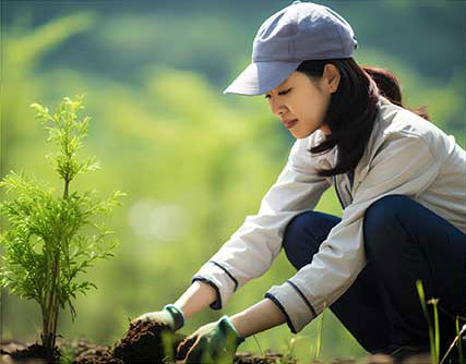 戴蓝灰色鸭舌帽子的女人蹲着植树